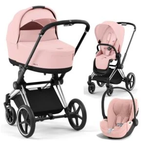Cybex Priam 4.0 - wózek wielofunkcyjny, zestaw 3w1 z fotelikiem Cloud T-CHROMOWANA Z CZARNYM WYKOŃCZENIEM-Peach Pink